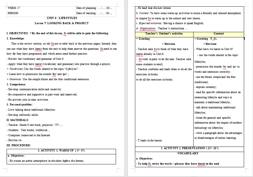 Tiếng Anh 8 Unit 6: Looking Back