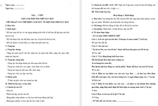 Giáo án Văn 6 Bài 4: Tập làm một bài thơ lục bát