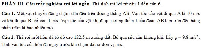 Đề thi Giữa học kì 1 môn Vật lý lớp 10