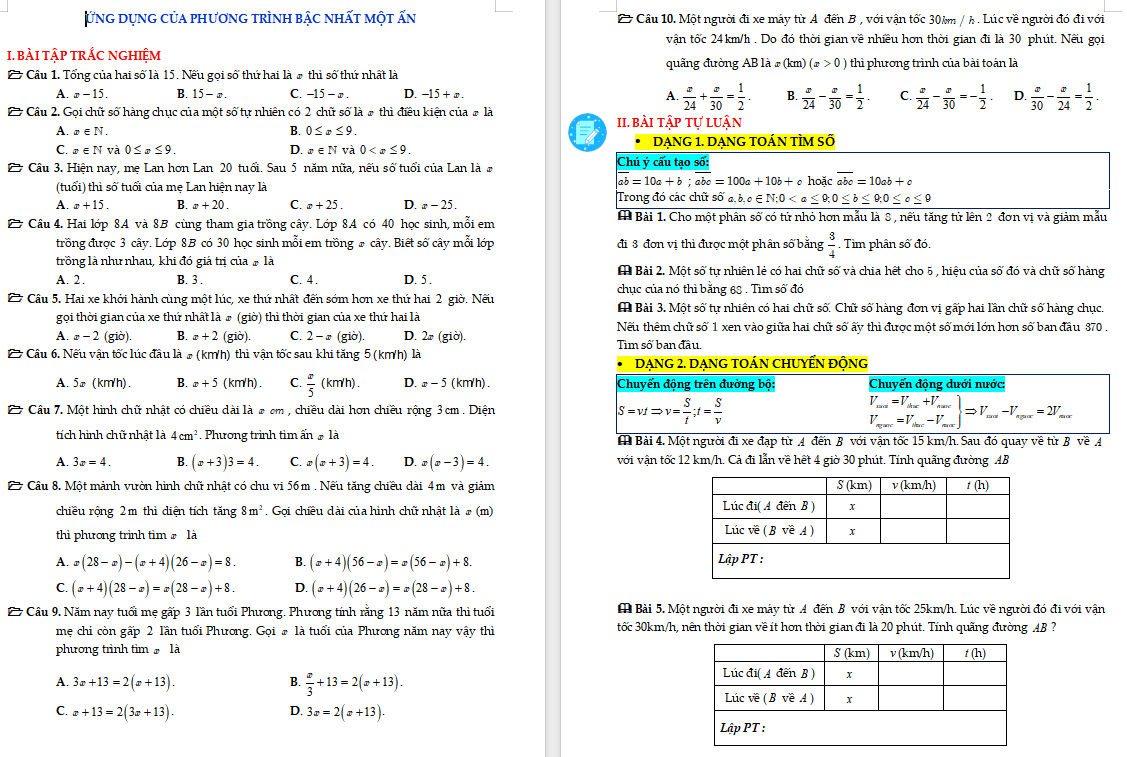 Ứng dụng của phương trình bậc nhất một ẩn