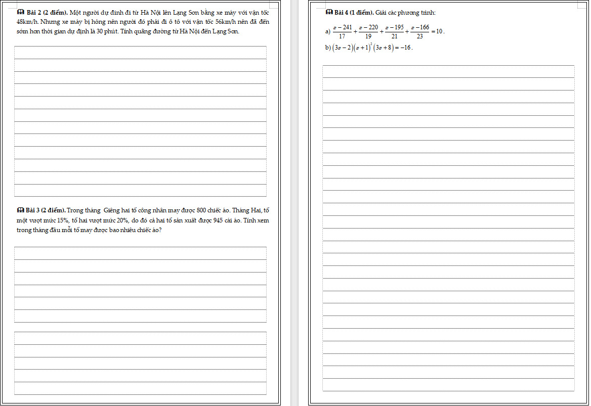 Bài kiểm tra phương trình bậc nhất một ẩn và ứng dụng