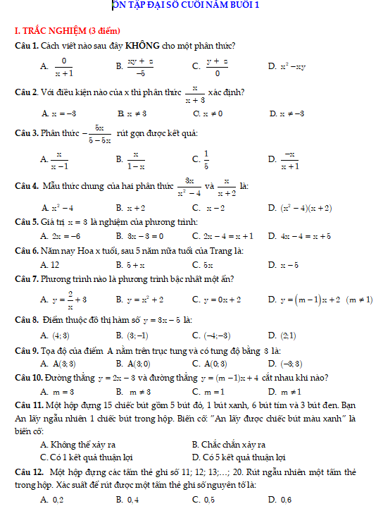 Ôn tập đại số cuối năm buổi 1
