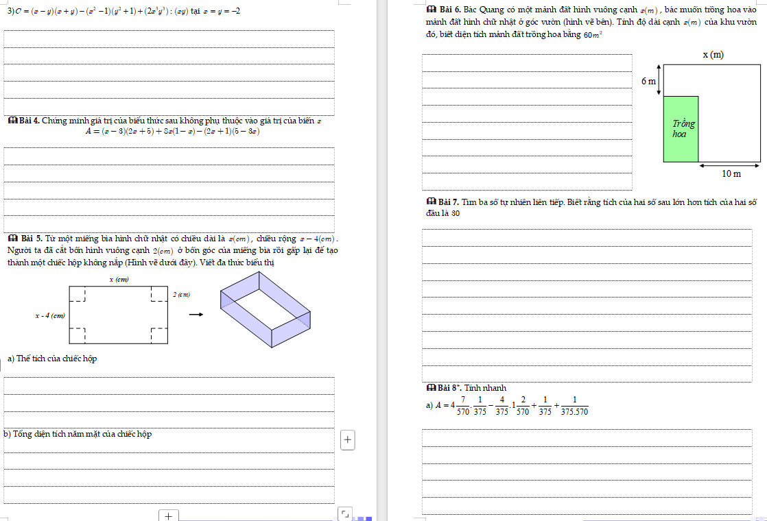 Phiếu bài tập Toán 8: Các phép tính về đa thức nhiều biến (nhân chia)