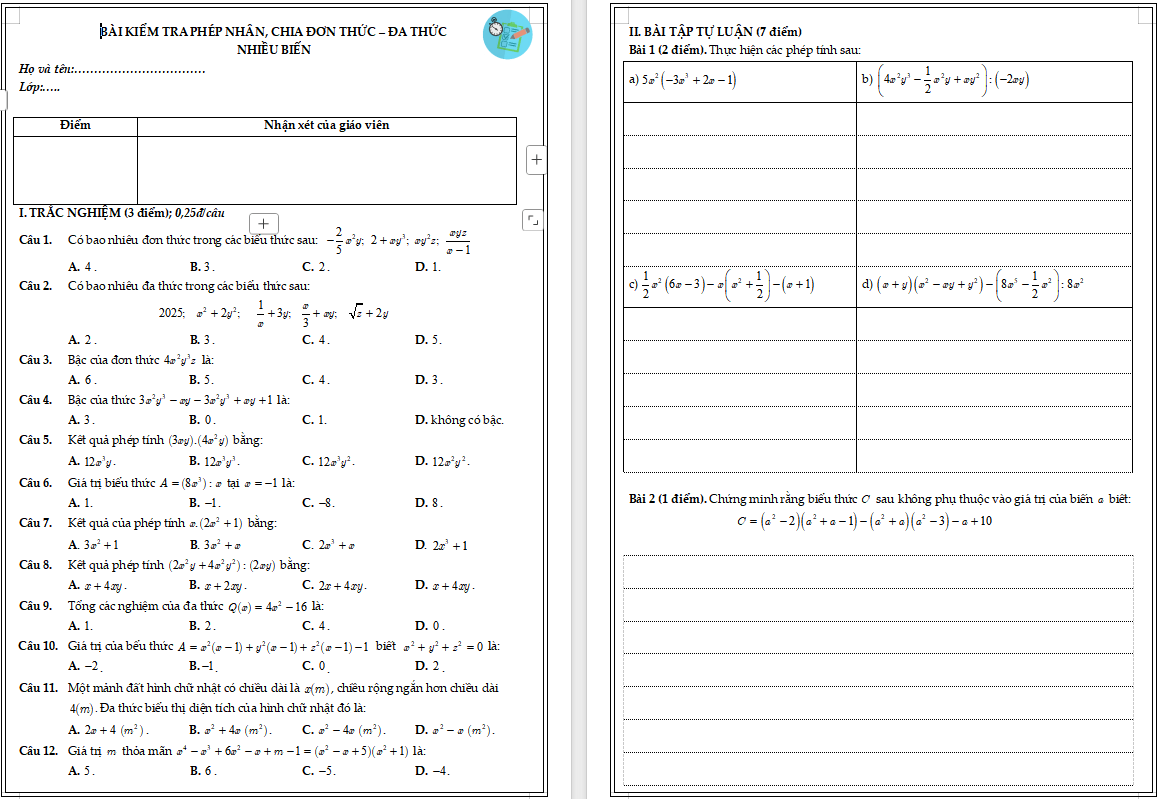 Bài kiểm tra phép nhân, chia đơn thức – đa thức nhiều biến