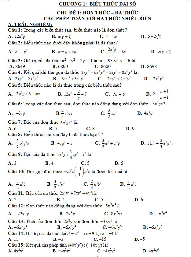 Phiếu bài tập trắc nghiệm và tự luận Toán 8