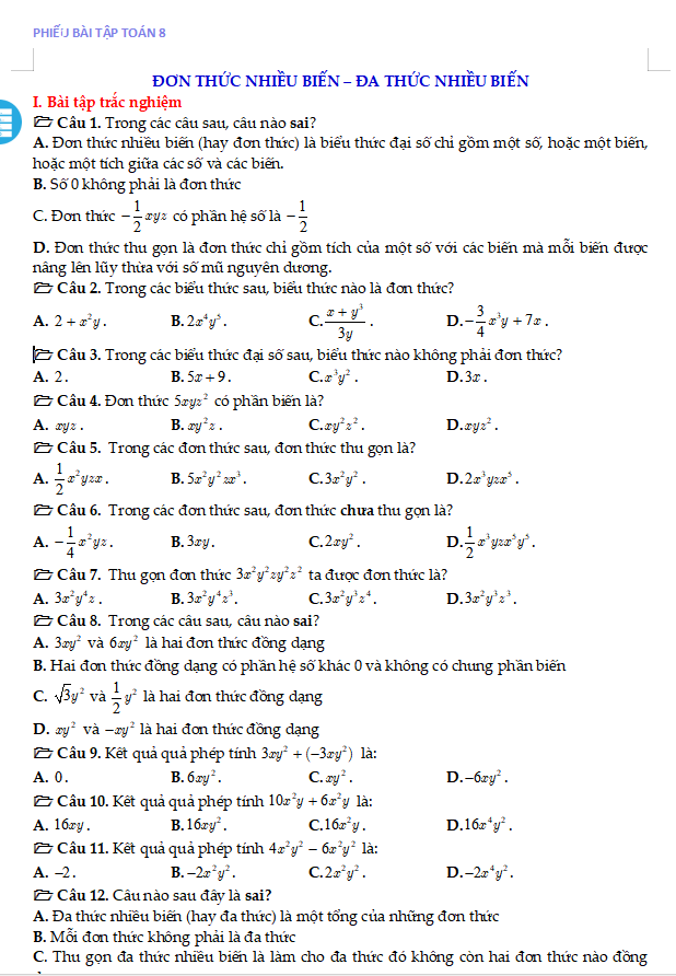 Phiếu bài tập trắc nghiệm và tự luận Toán 8
