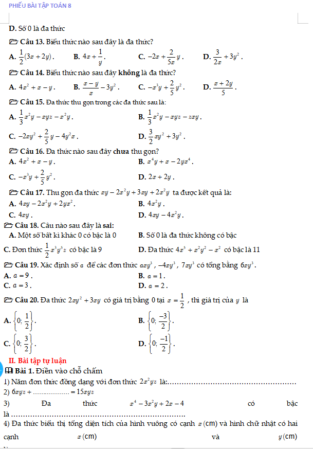 Phiếu bài tập trắc nghiệm và tự luận Toán 8