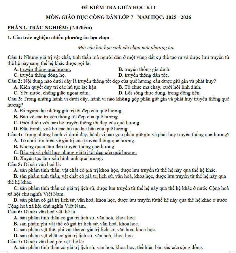 Đề kiểm tra giữa kì 1 môn GDCD 7 cấu trúc mới