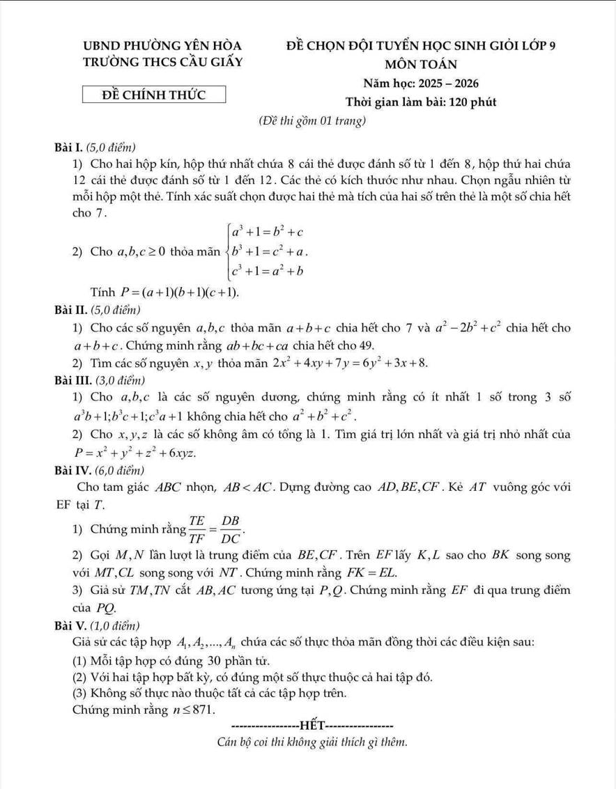 Đề thi HSG Toán 9 trường THCS Yên Hòa - Cầu Giấy