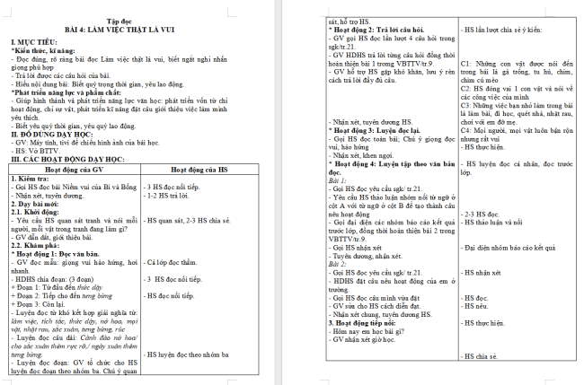 Giáo án Tiếng Việt 2 Bài 4: Đọc Làm việc thật là vui