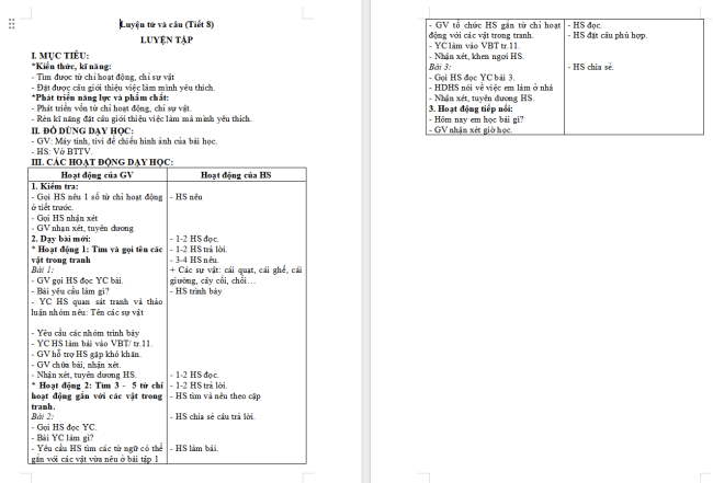 Giáo án Tiếng Việt 2 Bài 4: Từ ngữ chỉ sự vật, hoạt động. Câu nêu hoạt động