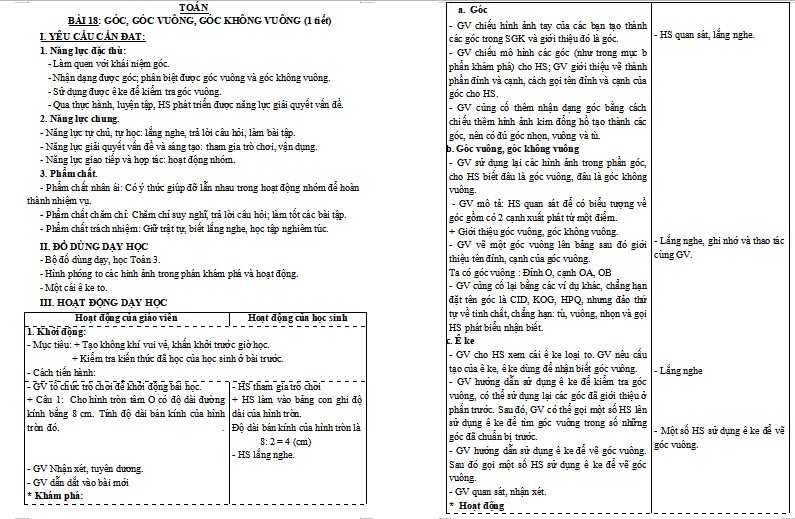 Bài 18: Góc, góc vuông, góc không vuông
