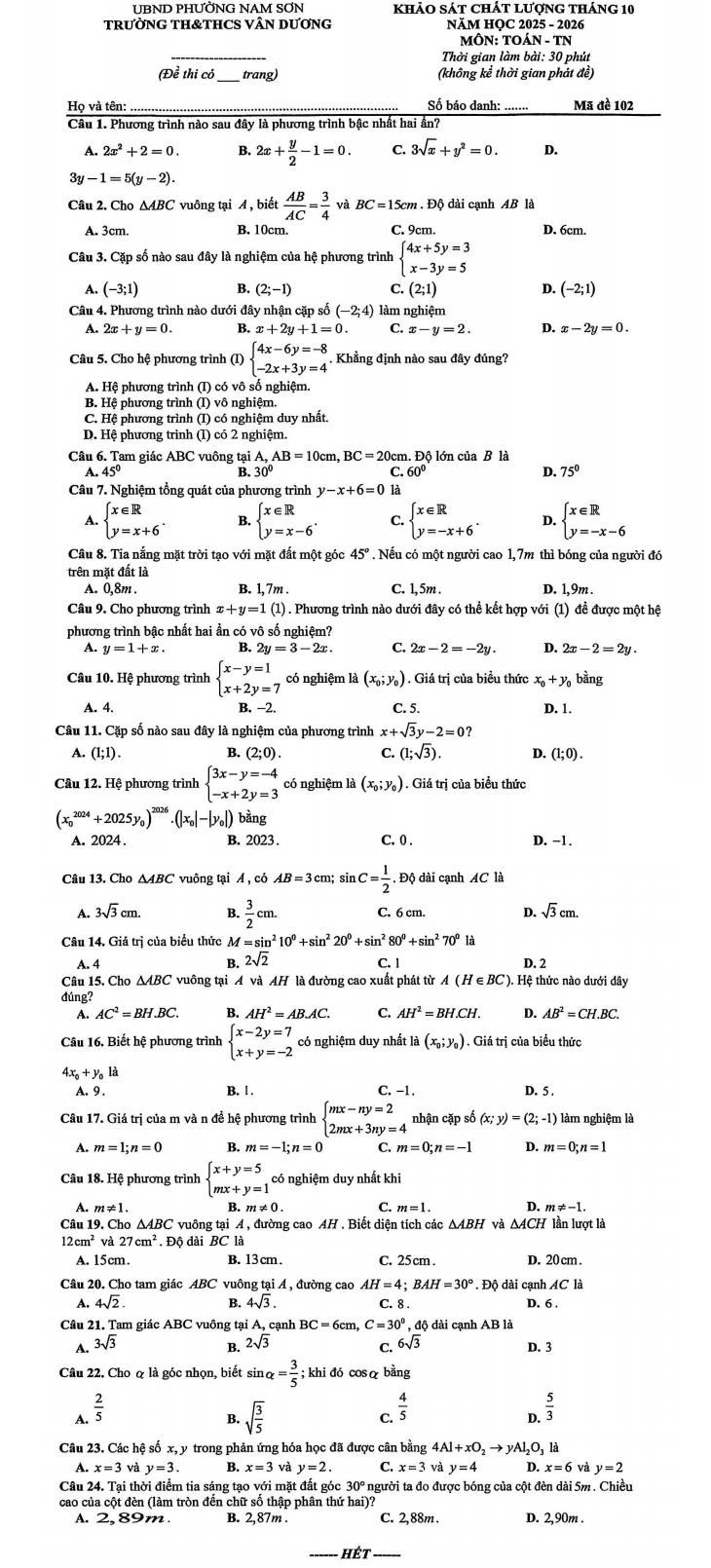 Đề khảo sát Toán 9 tháng 10 trường TH&THCS Vân Dương – Bắc Ninh năm 2025