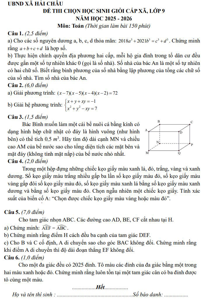 Đề chọn học sinh giỏi Toán 9 năm 2025 – 2026 xã Hải Châu – Nghệ An