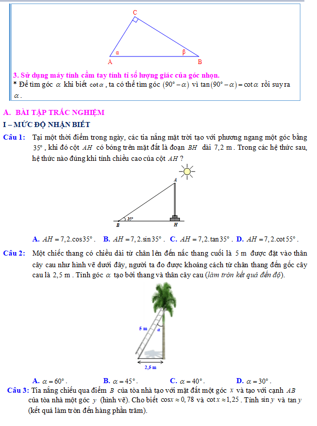 Phiếu bài tập Toán 9: Ứng dụng của tỉ số lượng giác của góc nhọn