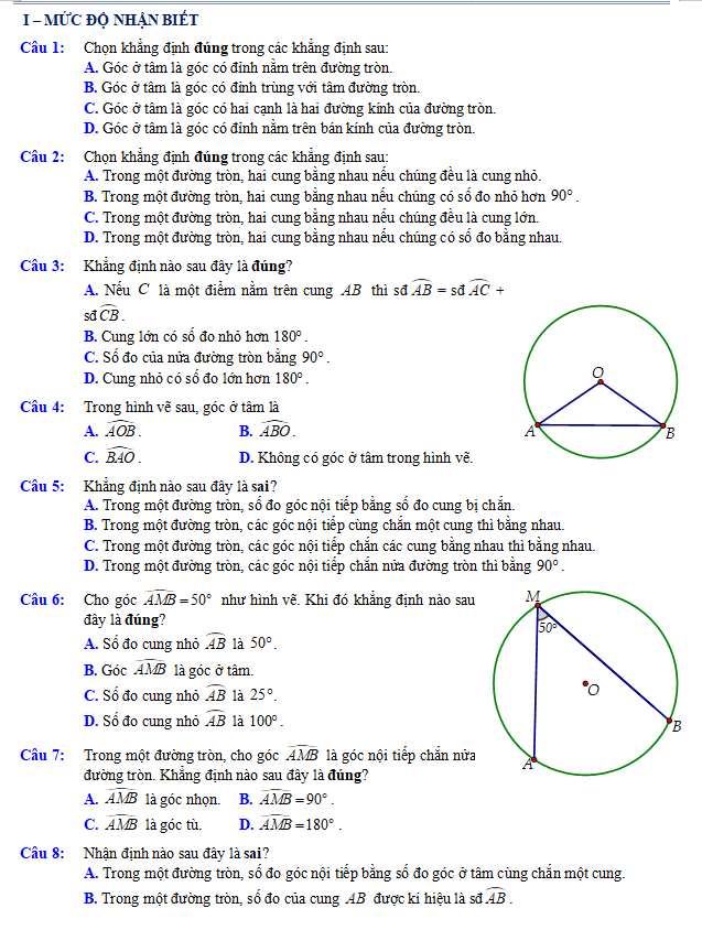 Góc ở tâm, góc nội tiếp có đáp án