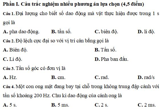 Đề thi Giữa học kì 1 môn Vật lý lớp 11
