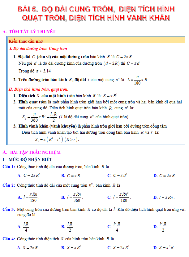 Phiếu bài tập Toán 9: Độ dài cung tròn, diện tích hình quạt tròn, diện tích hình vành khuyên