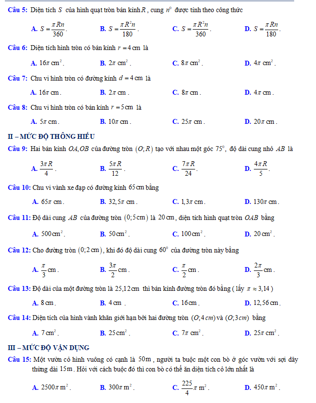 Phiếu bài tập Toán 9: Độ dài cung tròn, diện tích hình quạt tròn, diện tích hình vành khuyên