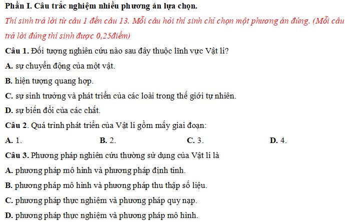 Đề thi Giữa học kì 1 môn Vật lý lớp 10