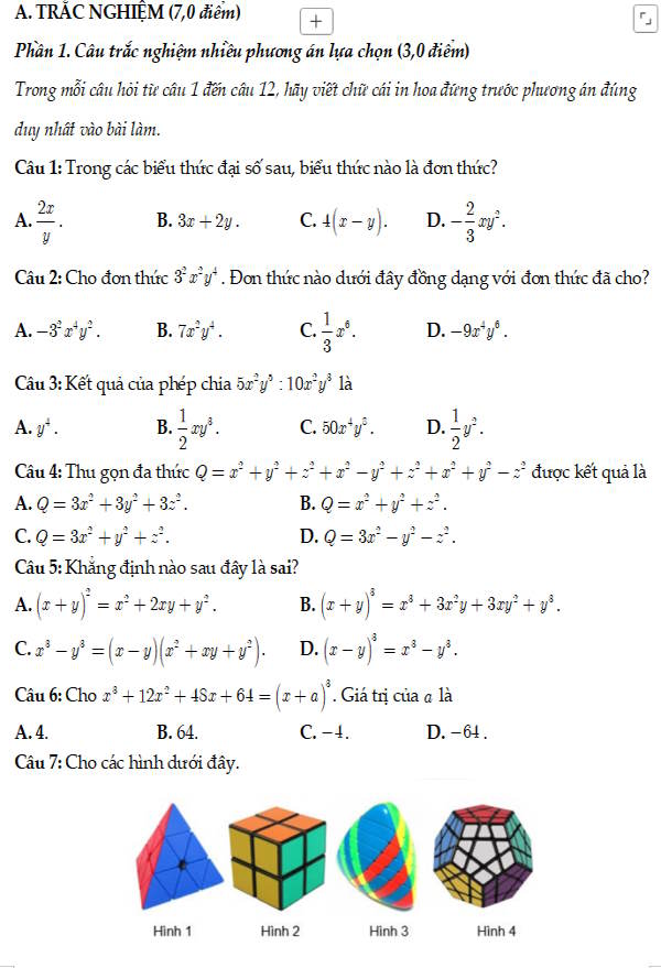 Bộ đề thi giữa học kì I Toán 8 CTST cấu trúc mới năm 2025-2026