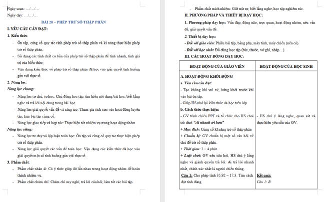 Giáo án dạy thêm Toán 5 Bài 20: Phép trừ số thập phân