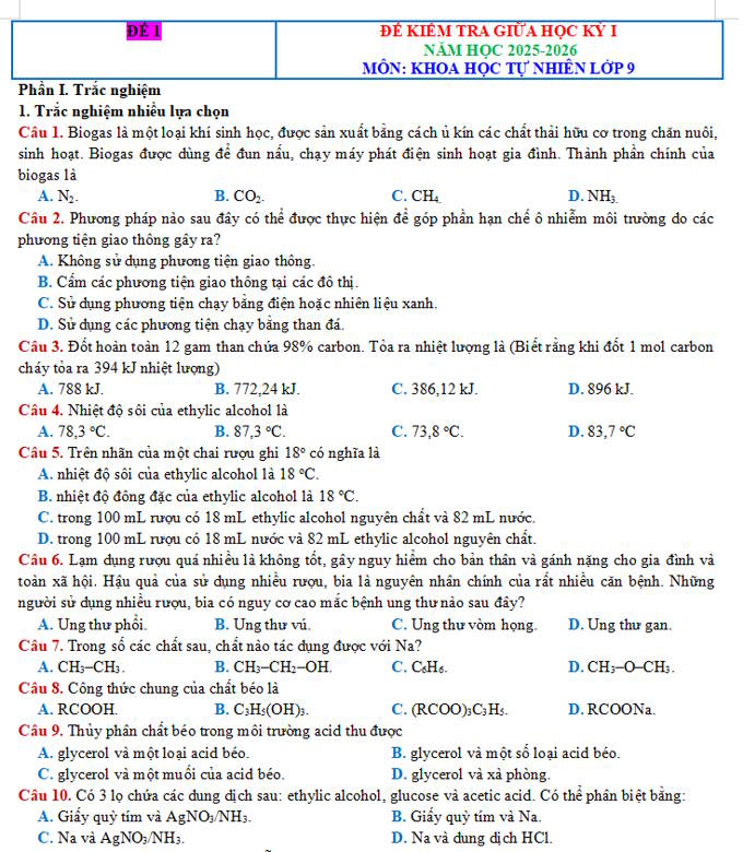 Đề thi giữa học kì 1 môn KHTN 9
