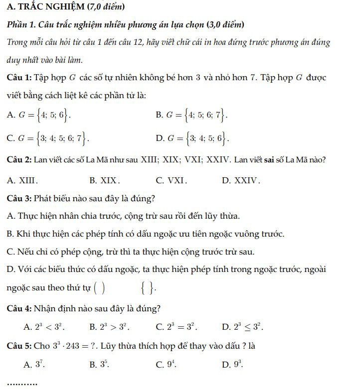 Đề thi giữa học kì I Toán 6 CTST cấu trúc mới số 4