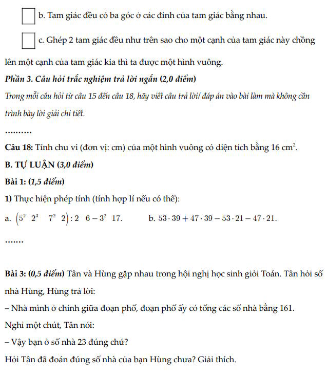 Đề thi giữa học kì I Toán 6 CTST cấu trúc mới số 5
