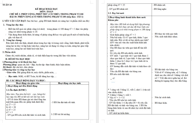Giáo án Toán 2: Phép cộng (có nhớ) trong phạm vi 100 (tiếp theo)
