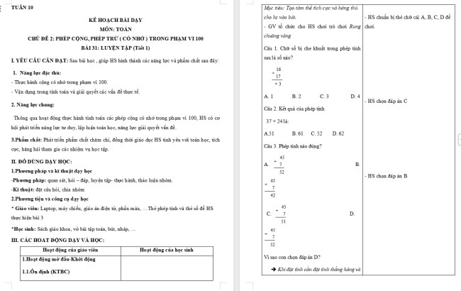 Giáo án Toán 2: Luyện tập trang 62