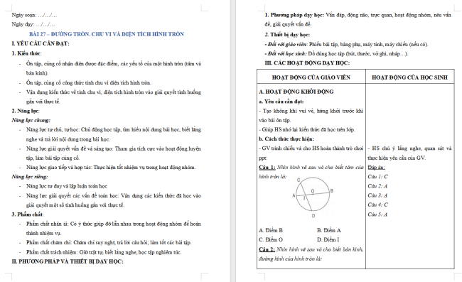 Giáo án dạy thêm Toán 5 Bài 27: Đường tròn. Chu vi và diện tích hình tròn
