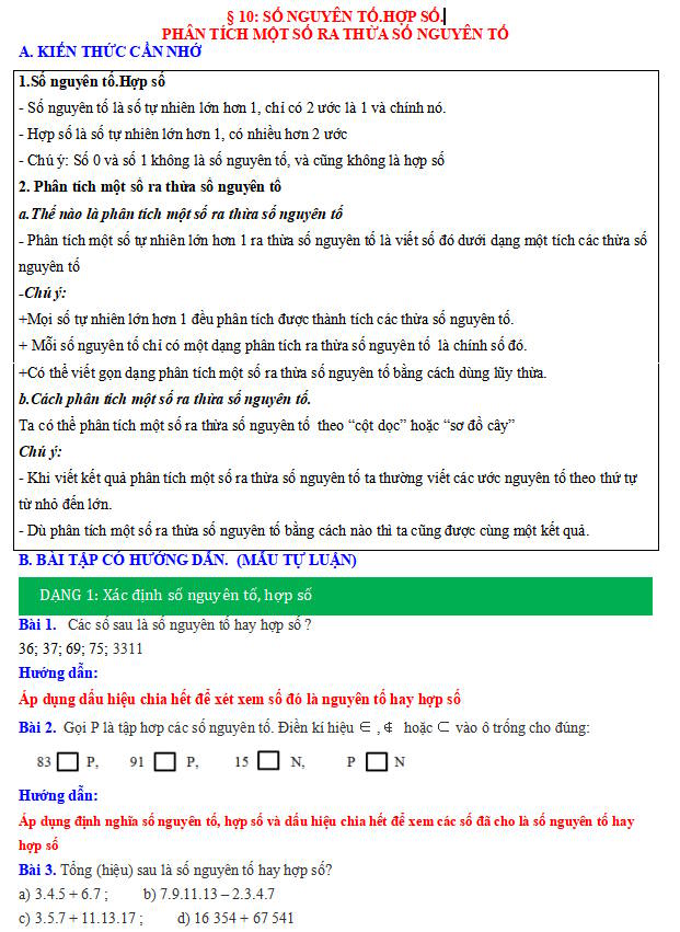 Phiếu bài tập Toán 6 CTST bài 10: Số nguyên tố, hợp số