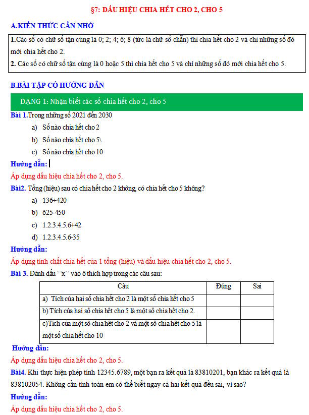 Dấu hiệu chia hết cho 2, cho 5
