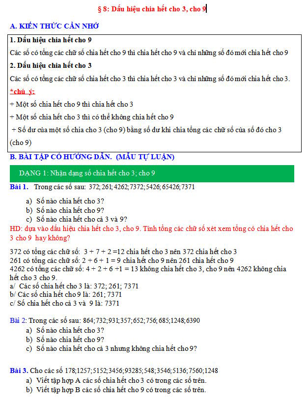 Dấu hiệu chia hết cho 3, cho 9