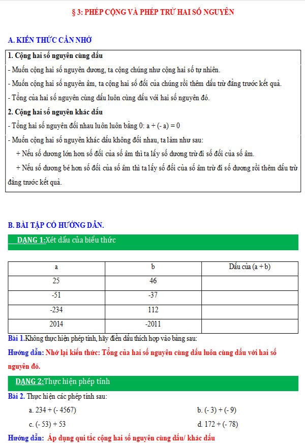 Phép cộng và phép trừ hai số nguyên
