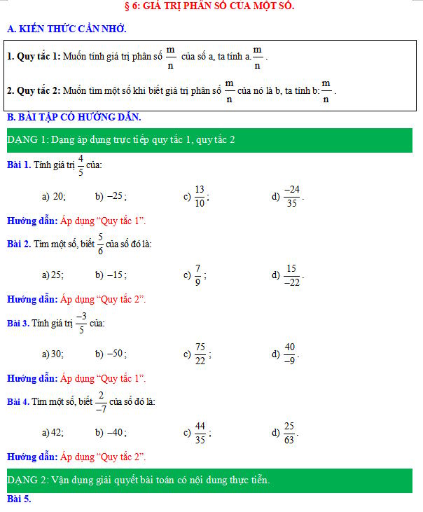 Phiếu bài tập Toán 6: Giá trị phân số của một số