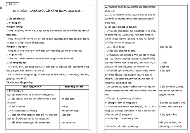 Giáo án Công nghệ 4 Bài 7: Trồng và chăm sóc cây cảnh trong chậu