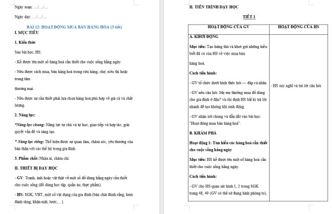 Giáo án Tự nhiên và xã hội 2 Bài 12: Hoạt động mua bán hàng hoá
