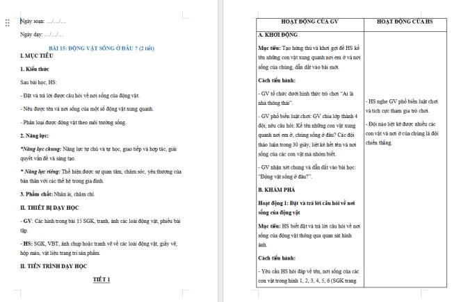 Giáo án Tự nhiên và xã hội 2 Bài 15: Động vật sống ở đâu