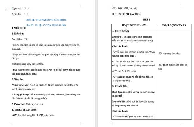 Giáo án Tự nhiên và xã hội 2 Bài 19: Cơ quan vận động