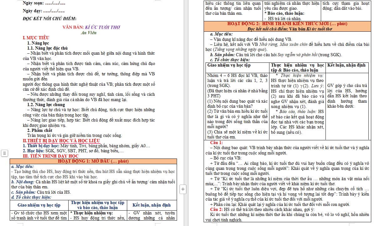 KHBD Ngữ văn 9 Bài Kí ức tuổi thơ CTST