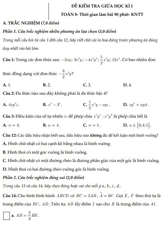 Đề thi giữa kì 1 Toán 8 Kết nối tri thức