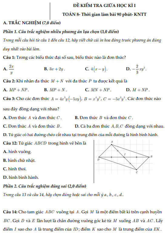 Đề thi giữa học kì I Toán 8 KNTT cấu trúc mới năm 2025-2026