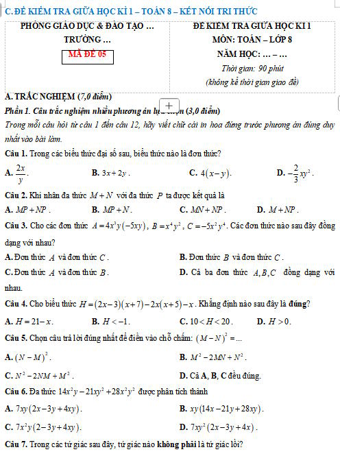 Bộ đề thi giữa kì 1 Toán 8 KNTT năm 2025-2026 (bộ 2)