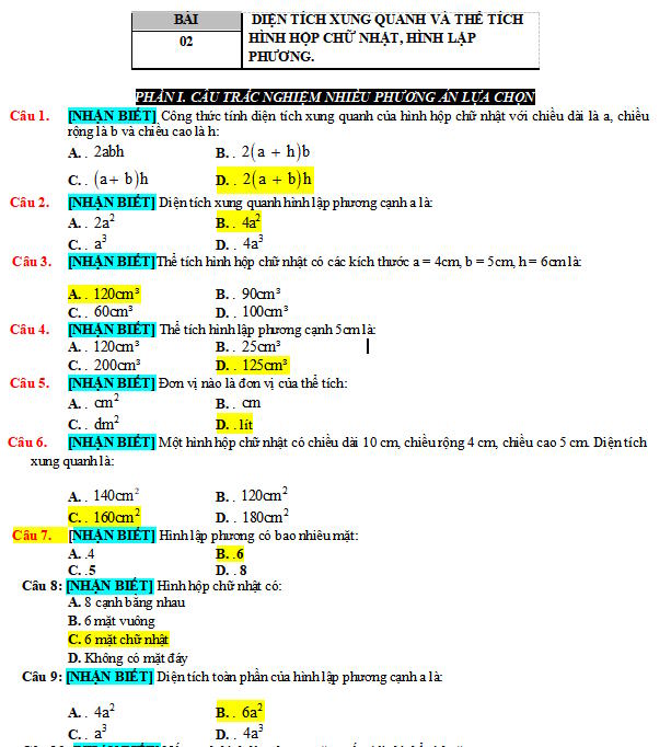 Diện tích xung quanh và thể tích hình hộp chữ nhật, hình lập phương