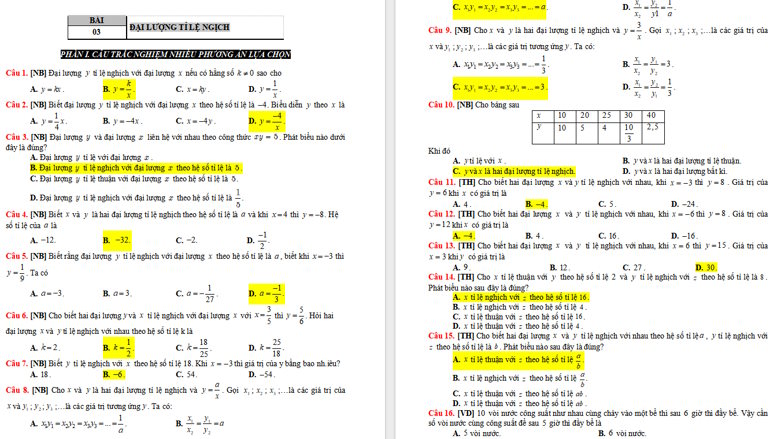Đại lượng tỉ lệ nghịch