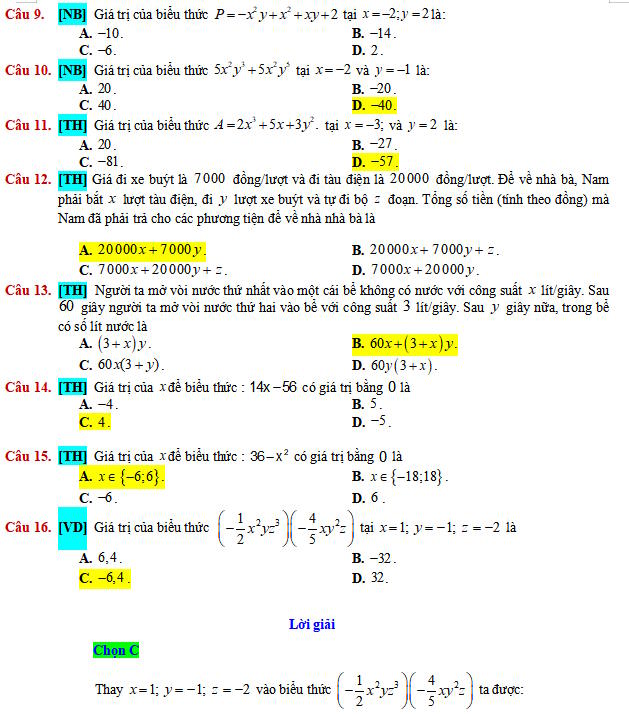 Toán 7 trắc nghiệm - đúng sai - trả lời ngắn: Biểu thức, biểu thức đại số