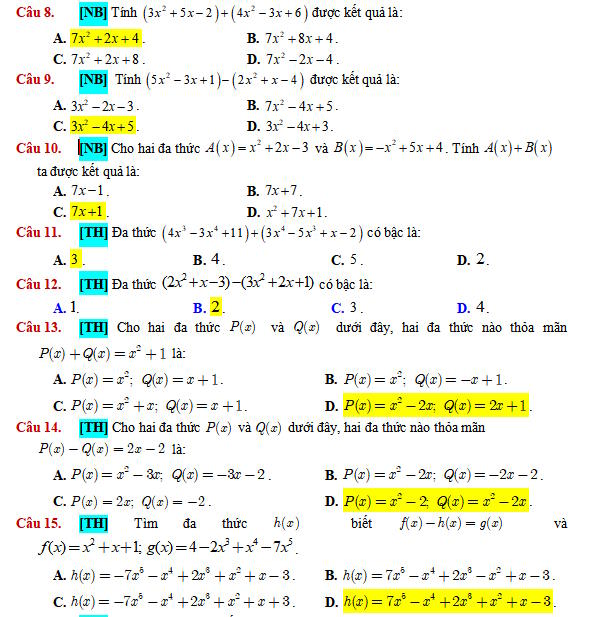 Phép cộng và phép trừ các đa thức một biến