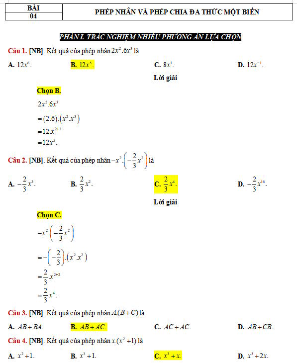 Phép nhân và phép chia đa thức một biến